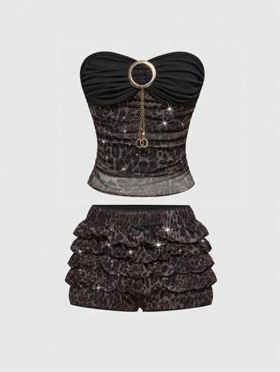 Grunge Punk Conjunto de 2 piezas con top corto con cadena de metal con strass de estampado de leopardo estilo retro chic salvaje para festival de música de verano y short con volantes de leopardo de talle súper bajo