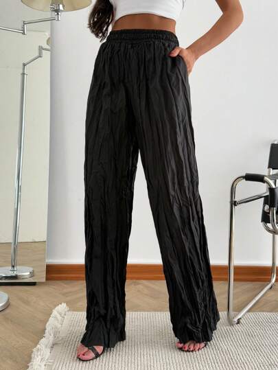 SHEIN Pantalón negro de mujer, primaveral, arrugado, de moda, fresco, alegre, para fiesta, cómodo
