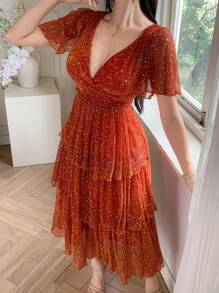 DAZY 女士优雅V领荷叶袖亮片装饰中长连衣裙，适合婚礼宾客穿着，奢华舞会礼服，闪亮连衣裙 - 橘色 - 查看 3