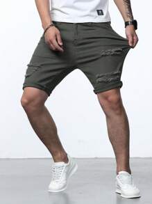 Manfinity Homme 大码男士破洞牛仔短裤，适合夏季休闲日常穿着 - 軍綠色 - 查看 6