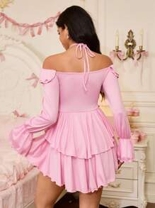 SweetSlumber 1 件女式纯色荷叶边挂脖长袖睡裙娃娃装节日季 - 粉色 - 查看 2