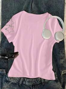 SHEIN Girls' Casual Simple Fashion Pink Flower Print T-Shirt, Suitable For Summer Wear - Pink - View 2