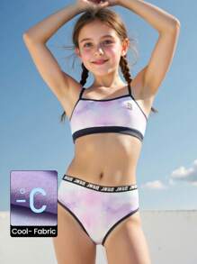 JNSQ Ensemble de maillot de bain pour préadolescentes avec patchwork tie-dye et couleurs contrastées