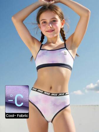JNSQ Girls' Tie-Dye Patchwork Colorblock Swimsuit Set, Summer New Arrival