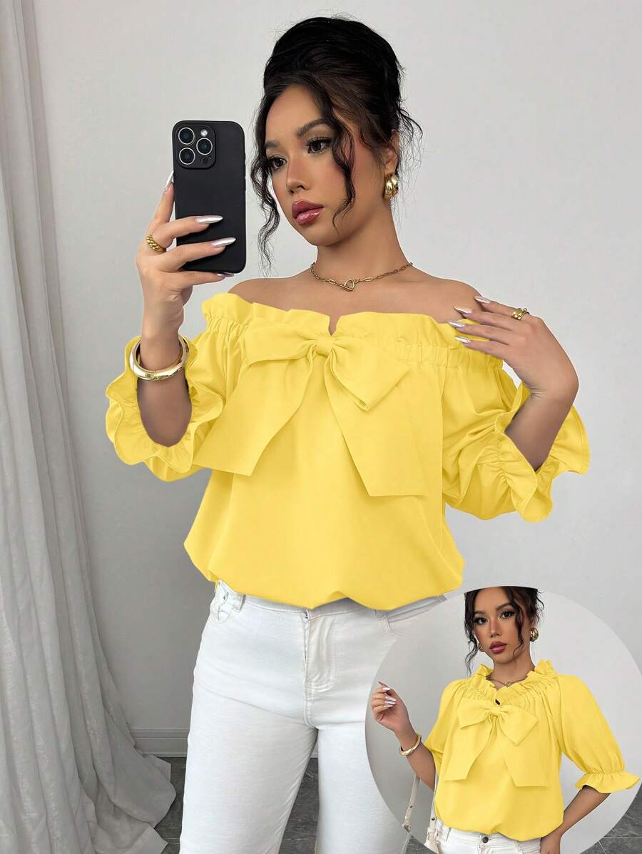 Elenzga New Design Frill Trim Bowknot Women Blouse, Yellow Top - Yellow - View 1