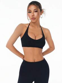 Women Plain Seamless Sports Bra With Halter