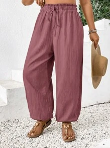 SHEIN Frenchy Pantalones informales de unicolor con cordón para tallas grandes - Rosa vieja - View 4