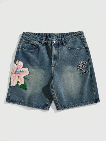 Street Life Pantalones cortos cargo de mezclilla casuales para hombres con bolsillo con estampado floral de lentejuelas