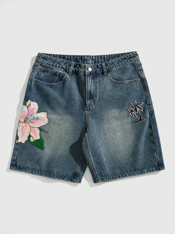 ROMWE MEN Street Life Men's Sequin Floral Embroidery Pocket Casual Denim Shorts, Vacation