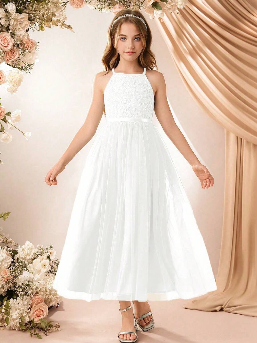 Elegant Minimalist Young Ladies' Round Neck Sleeveless Waisted Long Lace Splice Multi-Layer Mesh Solid Green Dress, Suitable For Flower Girl Wedding Party Summer - White - View 1