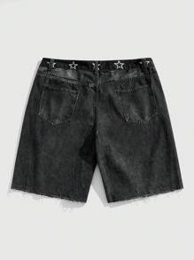 ROMWE MEN Street Life 男士花卉链条印花牛仔短裤 - 黑色 - 查看 2