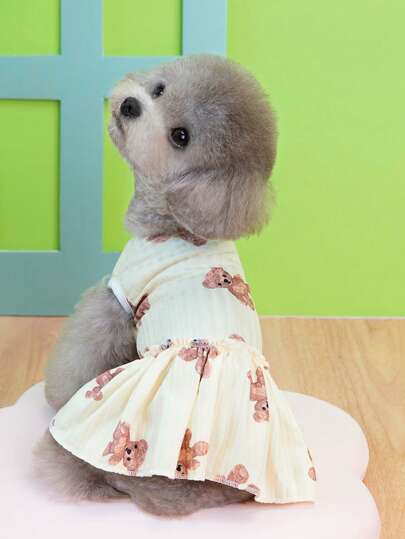 PETSIN Brown Cute Bear Pattern Lightweight Breathable Casual Ruffle Dog Dress, Summer New Arrival, European And American Hot-Selling Pet Dress