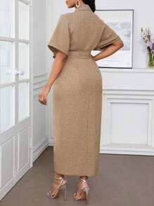 SHEIN Lady Office Dress Holiday Dresses Faux Denim Blue Solid Ruffle Shirt Dress Women's Dress Business Casual Woman,Dresses For Women Summer - Khaki - View 2