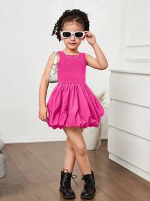 SHEIN 年轻女孩纯色针织圆领镂空后背修身连衣裙 - 玫紅色 - 查看 2