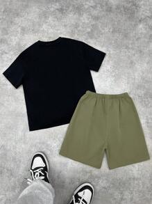 SHEIN 2 件青少年男童休闲百搭舒适视频游戏印花图案宽松圆领短袖 T 恤和短裤套装，适合学校、花园、海滩、生日、春夏、秋季、冬季 - 軍綠色 - 查看 2