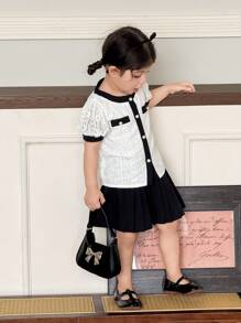 SHEIN Baby Girl Lace Single-Breasted Puff Sleeve Top And Pleated Mini Skirt Set - Black and White - View 5