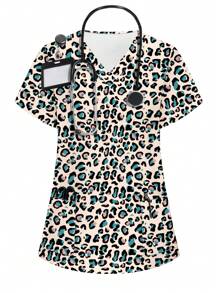Leopard Print Short Sleeve Scrub Uniform Top - Multicolor - View 1