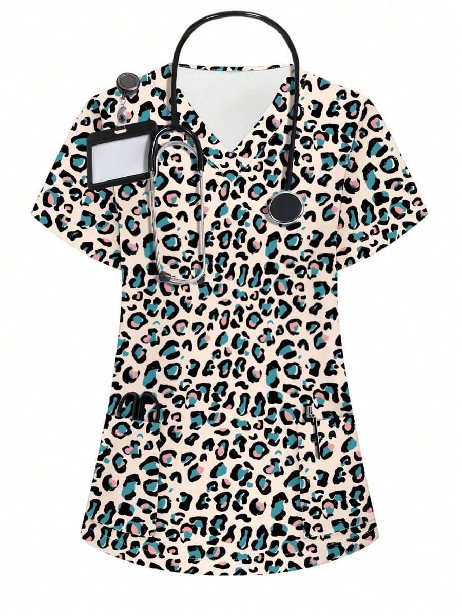 Leopard Print Short Sleeve Scrub Uniform Top - Multicolor - View 1
