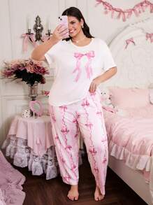 SHEIN Slumberry CURVE INS Plus Size Cute Sweet Butterfly Print Casual Sleepwear Set - Multicolor - View 1