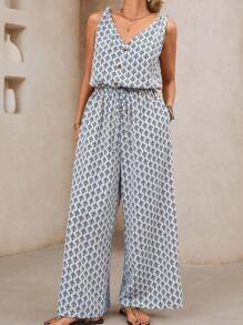 SHEIN VCAY Plus Size Women's All-Over Print Buttoned Pockets Wide Leg Sleeveless Jumpsuit, Vacation Wear - Blue - View 1