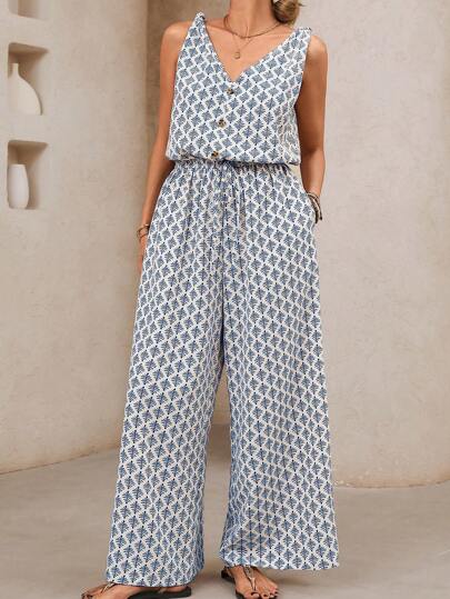 SHEIN VCAY 大码女式全身印花纽扣口袋阔腿无袖连体裤，度假装