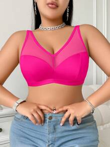 SHEIN Plus Size Minimalism Wireless Curve Bralette, Rose Red Holiday Hot Pink Summer - Hot Pink - View 4
