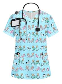 Blusa de escote en V de manga corta con estampado de bicicleta para mujer de talla grande - Multicolor - Ver 9