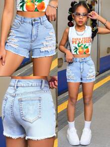 SHEIN Tween Girls Spring Summer Boho Ripped Skinny Denim Jeans Shorts,Girls Summer Clothes Outfits - Light Wash - View 1