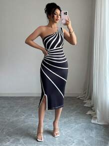 Elenzga Women Striped Asymmetrical Collar Open Slit Bodycon Dress - Black - View 3