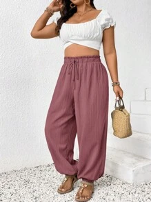 SHEIN Frenchy Pantalones informales de unicolor con cordón para tallas grandes - Rosa vieja - View 2