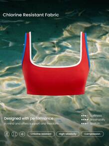 GLOWMODE Summer Quick Dry Chlorine Resistant Removable Cups Colorblock Trim Square Neck Bikini Top Swimming Beach Pool Vacation Resort Travel Summer Wear