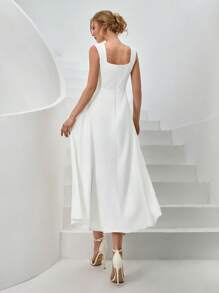 CLARA VERO Vestido largo de mujer de unicolor, tejido, para primavera y verano, vacaciones y días festivos, vestido camisa con tirantes, escote en V bajo, falda con abertura lateral y volumen
