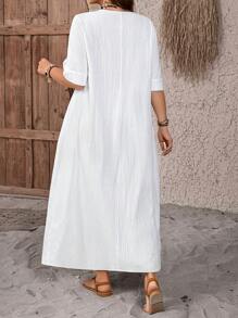 EMERY ROSE Vestido largo de encaje blanco con parches para mujer talla grande para vacaciones de verano con bolsillos