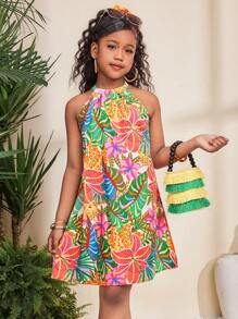 SHEIN Tween-Mädchen Sommerkleid mit Neckholder und Schmetterlingsdekor mit tropischem Blattdruck