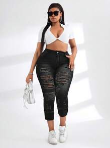 SHEIN SXY Plus Size Women Stretchy Blue Denim Ripped Ankle Length Jeans Autumn Outfits For Women Festival Outfits  Capris For Women - Black - View 7