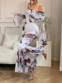 DAZY Vestido largo con hombros descubiertos y volantes de malla, vestido largo de manga larga estilo bohemio de otoño para mujer - Rojo y blanco - Ver 3