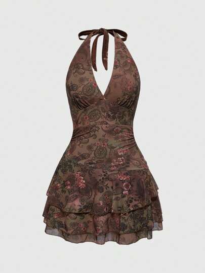 Fairycore Robe mini dos nu à col ras-du-cou avec imprimé cachemire sexy pour femmes, été