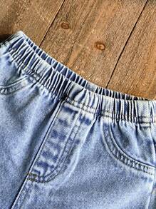 SHEIN Vintaside Kids Baby Girls Cute Pink & White Striped 2 Pieces Outfit, Round Neck Short Sleeve T-Shirt With Denim Shorts Set, Fresh Collegiate Style For Outdoor, Home, Sports, Party, Fashion