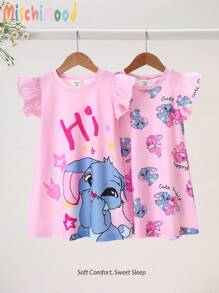 2 件套女婴彩色卡通独角兽图案大号睡袍睡衣夏季父亲节礼物小狗夏季沙滩夏装睡衣睡裙 - 粉色 - 查看 1