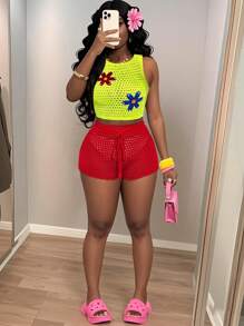Slaydiva Women's Summer Cute Holiday Vacation Lime Green Woolen Vest&Red Mini Wavy Edge Shorts Set,Round Neck Sleeveless Flower Patch Embroidered 2 Piece Set - Multicolor - View 11