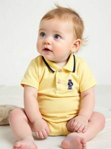 Cozy Pixies Conjunto de ranpero y shorts de manga corta con estampado de oso de dibujos animados recién nacido, de punto suave