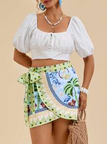 Travachic Gonna da vacanza casual con stampa tropicale e fiocco laterale, taglie grandi
