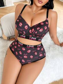 SHEIN 2pcs Plus Size Sexy Underwire Bra Set With Lip Print, Padded And Lift-Up Design For Women - Multicolor - View 3