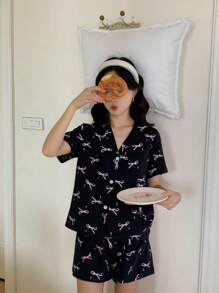 2pcs Preteen Girls' Bow Print Short Sleeve Cardigan And Shorts Casual Pajamas Set - Black - View 4