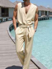 Manfinity RSRT 男士纯色腰部打结口袋阔腿无袖连体裤