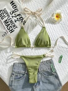 Swim Vcay Set bikini sexy pentru femei, de vară, curea reglabilă, cu pandantiv cu perle, culoare simplă