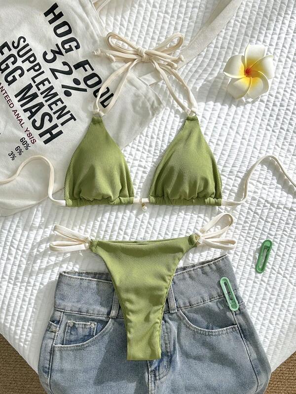 Swim Vcay Set bikini sexy pentru femei, de vară, curea reglabilă, cu pandantiv cu perle, culoare simplă