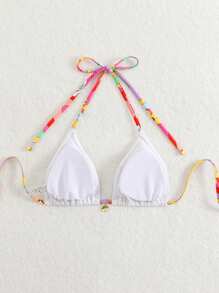SHEIN Swim Último top halter blanco sexy de moda 2025 combinado con top de bikini con tirantes ajustables de conchas de colores múltiples para vacaciones en la playa/piscina
