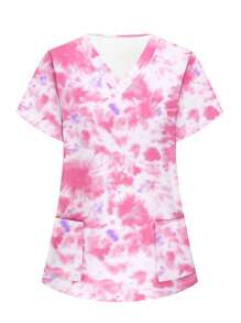 Tie-Dye Print V-Neck Short Sleeve Pocket /Nursing Scrub Uniform Top - Pink - View 6