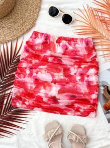 SHEIN Teen Girls Holiday Red Floral Print Knit Mesh Ruched Slim Fit Mini Skirt - Red - View 2